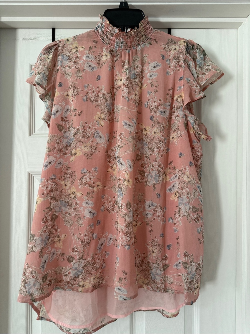 Smocked Neck Pink Floral Flutter Sleeve Blouse